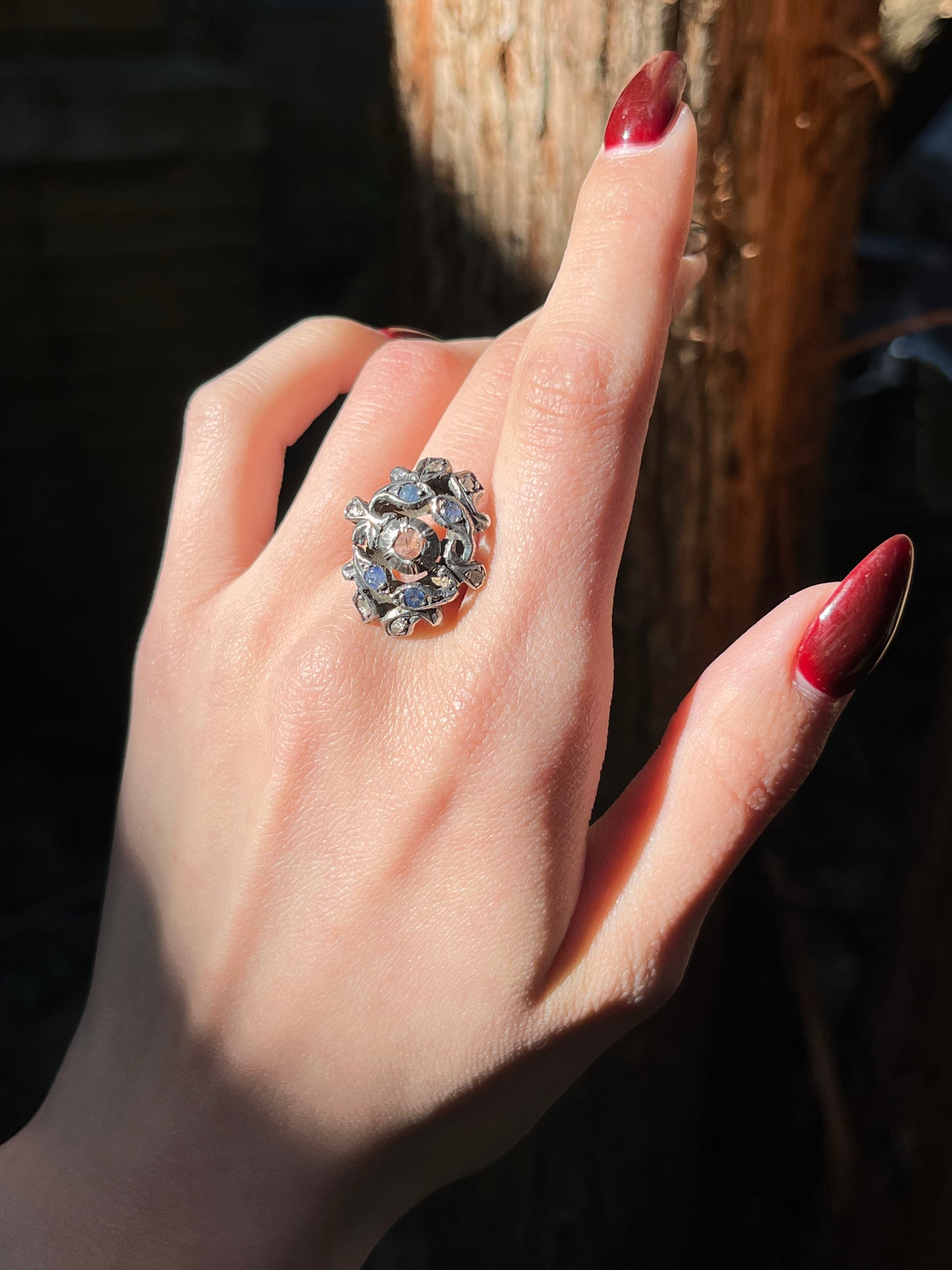 SOLD Antique French 18K, Silver, Diamond & Sapphire Giardinetti Ring