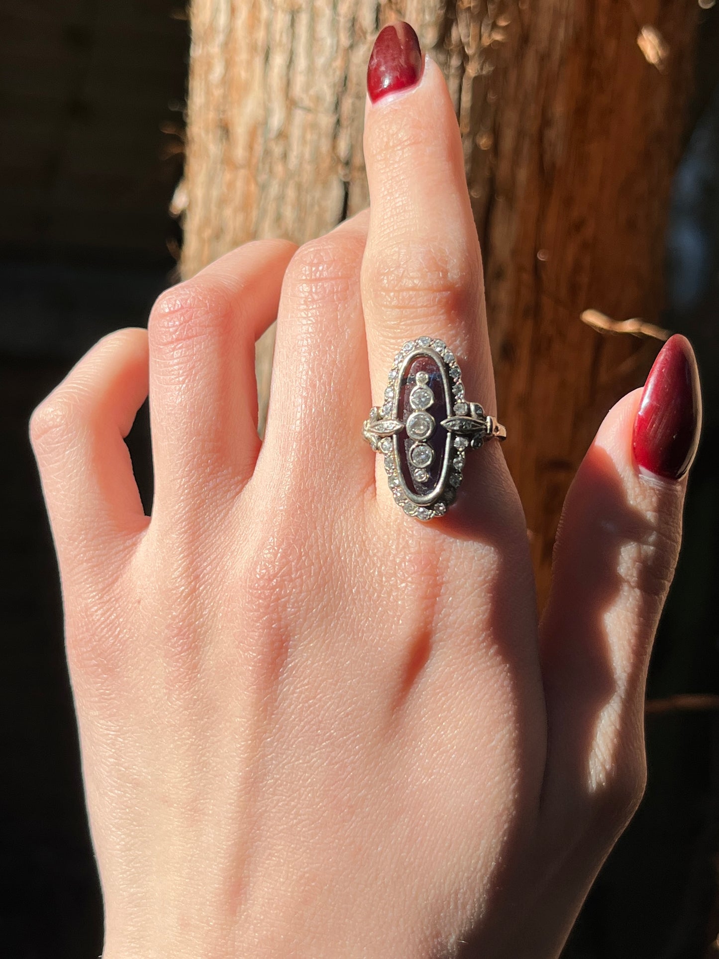 SOLD Antique 18K, Diamond & Blue Topaz Navette Ring