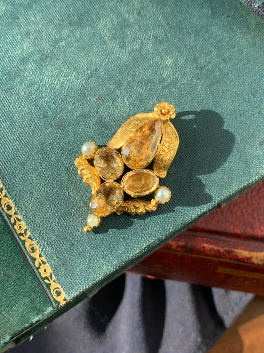 SOLD Antique 15K, Citrine & Pearl Pendant