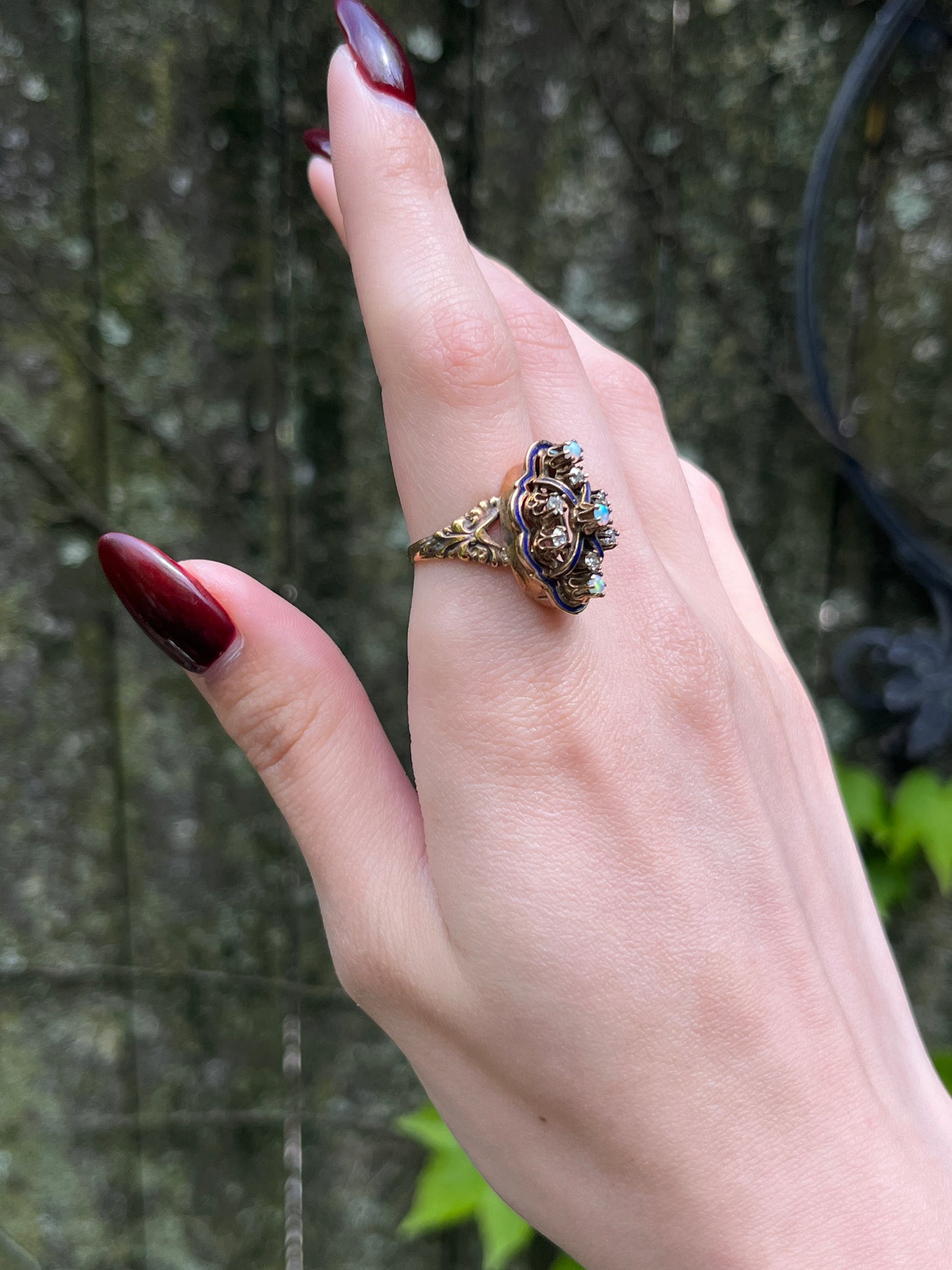 Antique 14K, Diamond, Opal & Enamel Conversion Ring