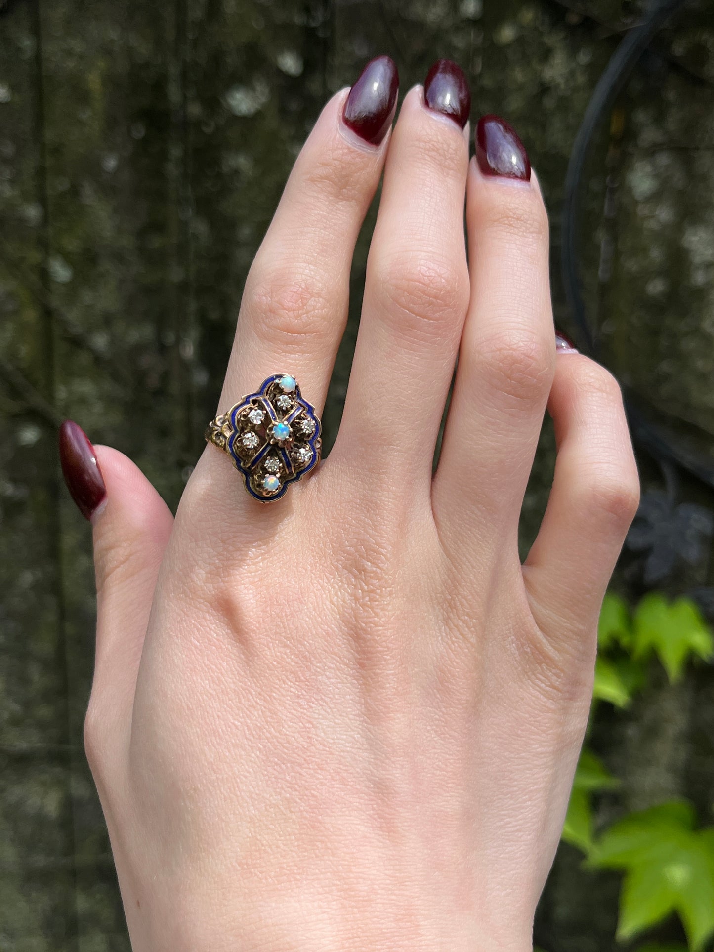 Antique 14K, Diamond, Opal & Enamel Conversion Ring