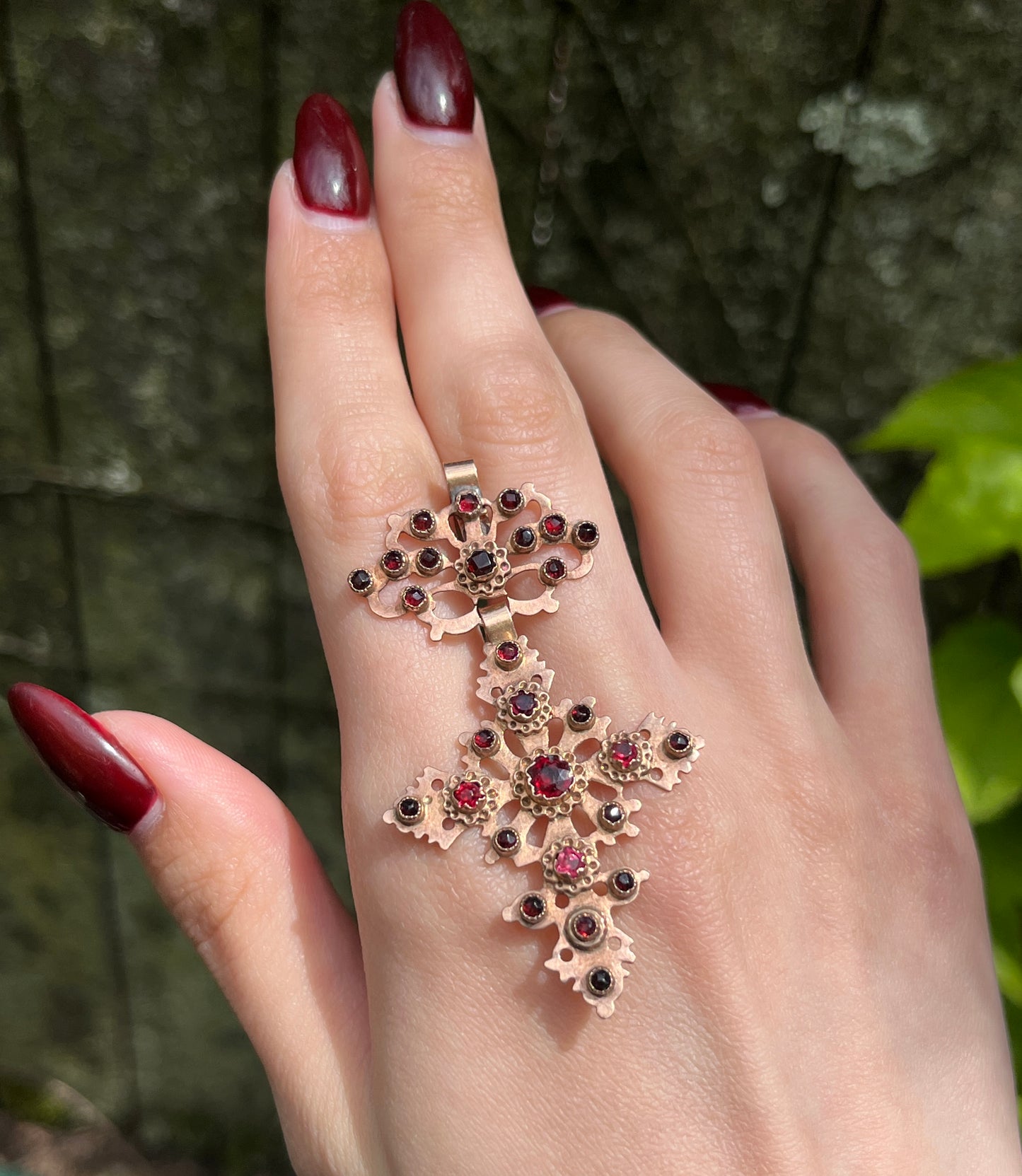 Antique 10K & Red Paste Cross Pendant