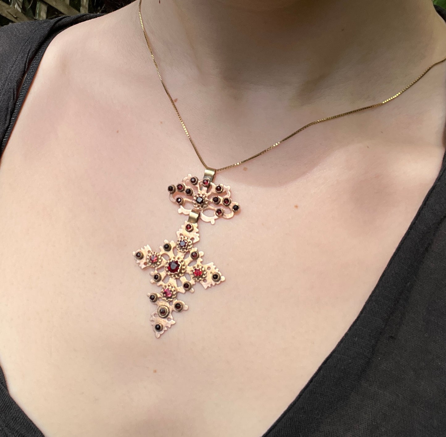 Antique 10K & Red Paste Cross Pendant