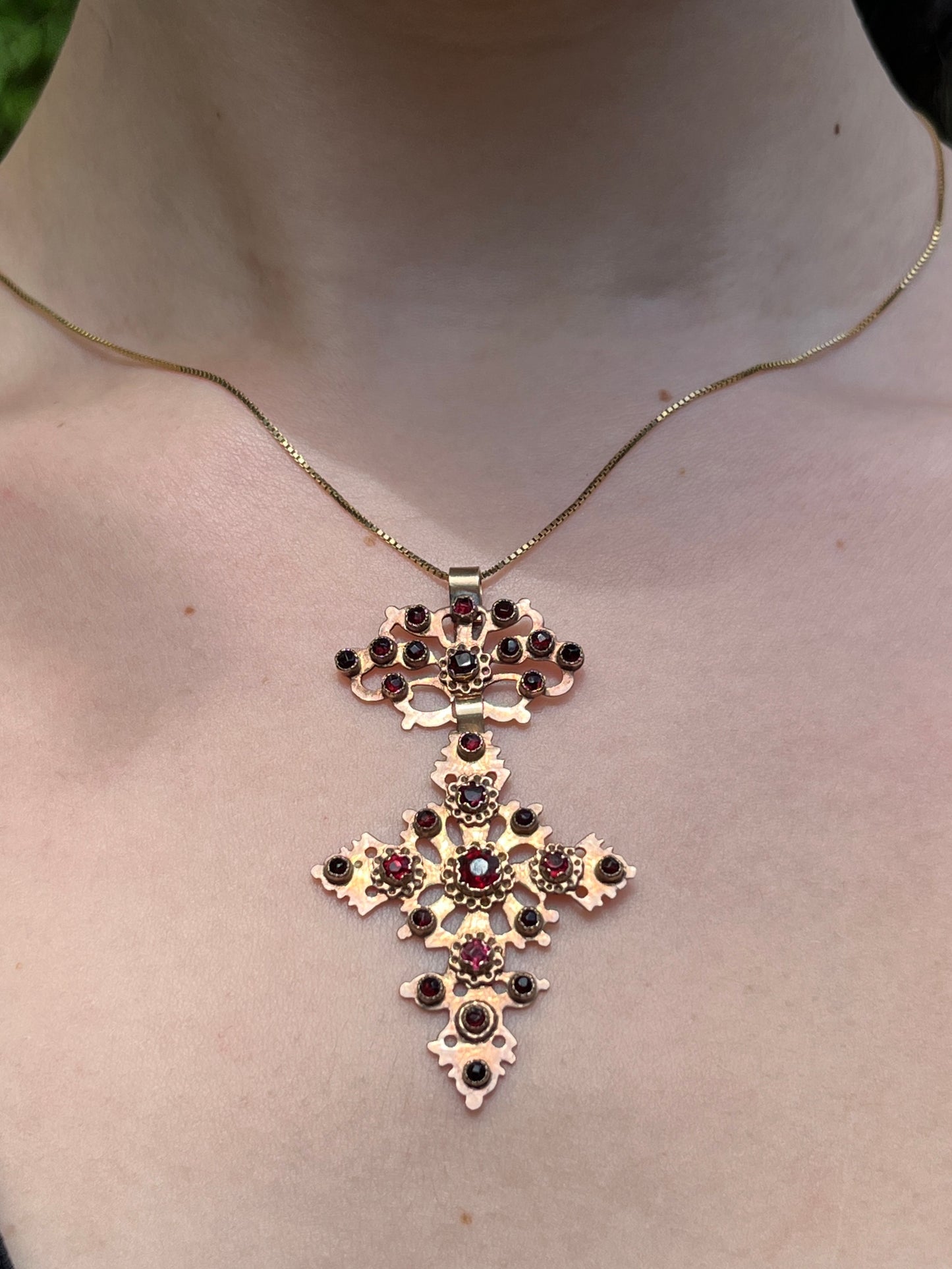 Antique 10K & Red Paste Cross Pendant