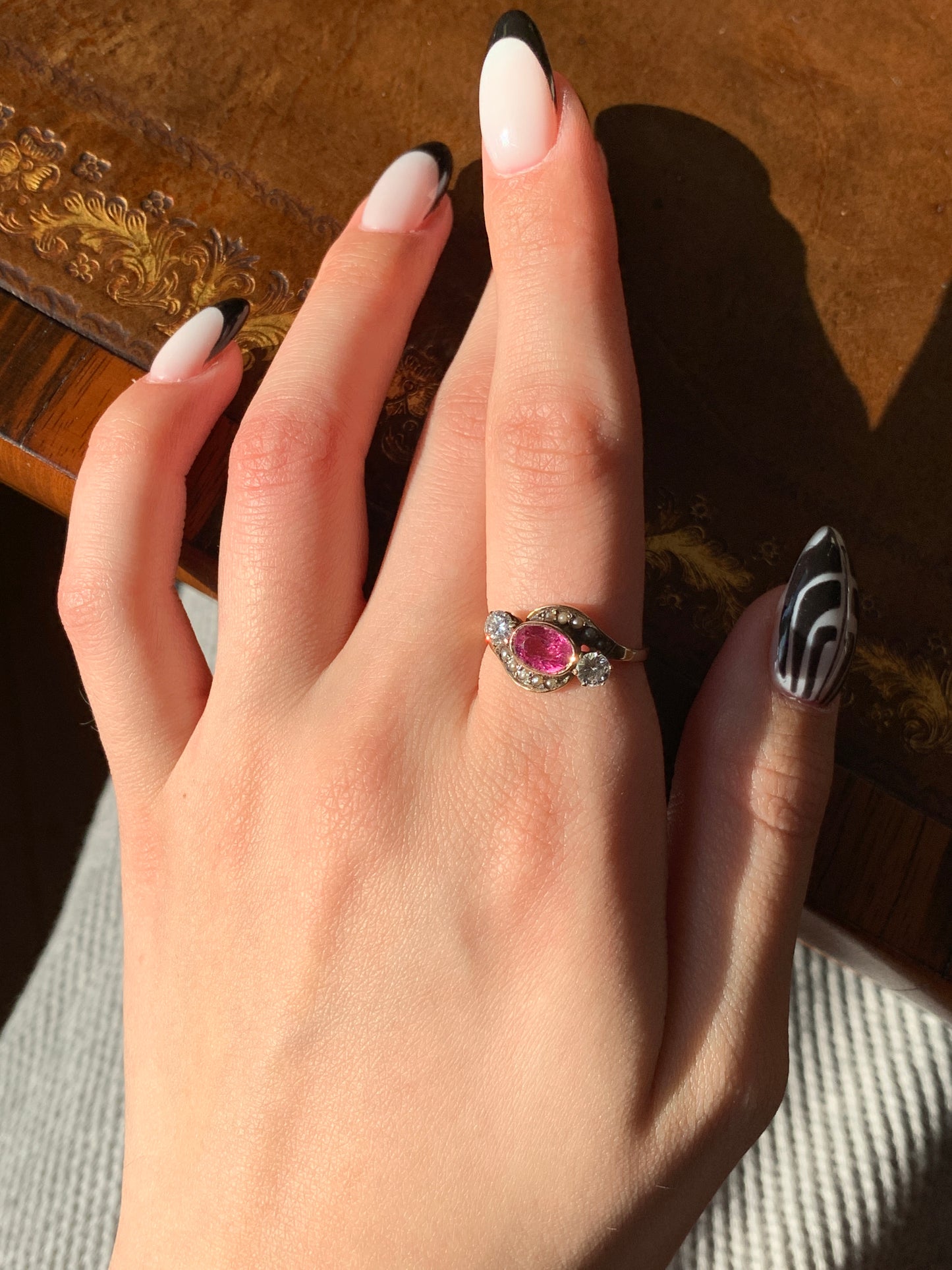 Antique 14K, Pink Tourmaline, Diamond & Seed Pearl Ring