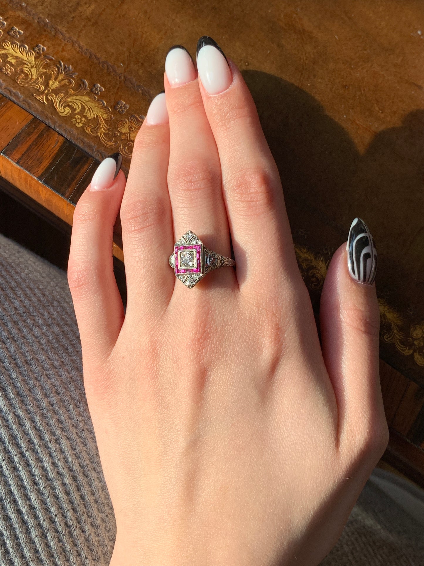SOLD Antique Art Deco 18K, Diamond & Pink Sapphire Ring