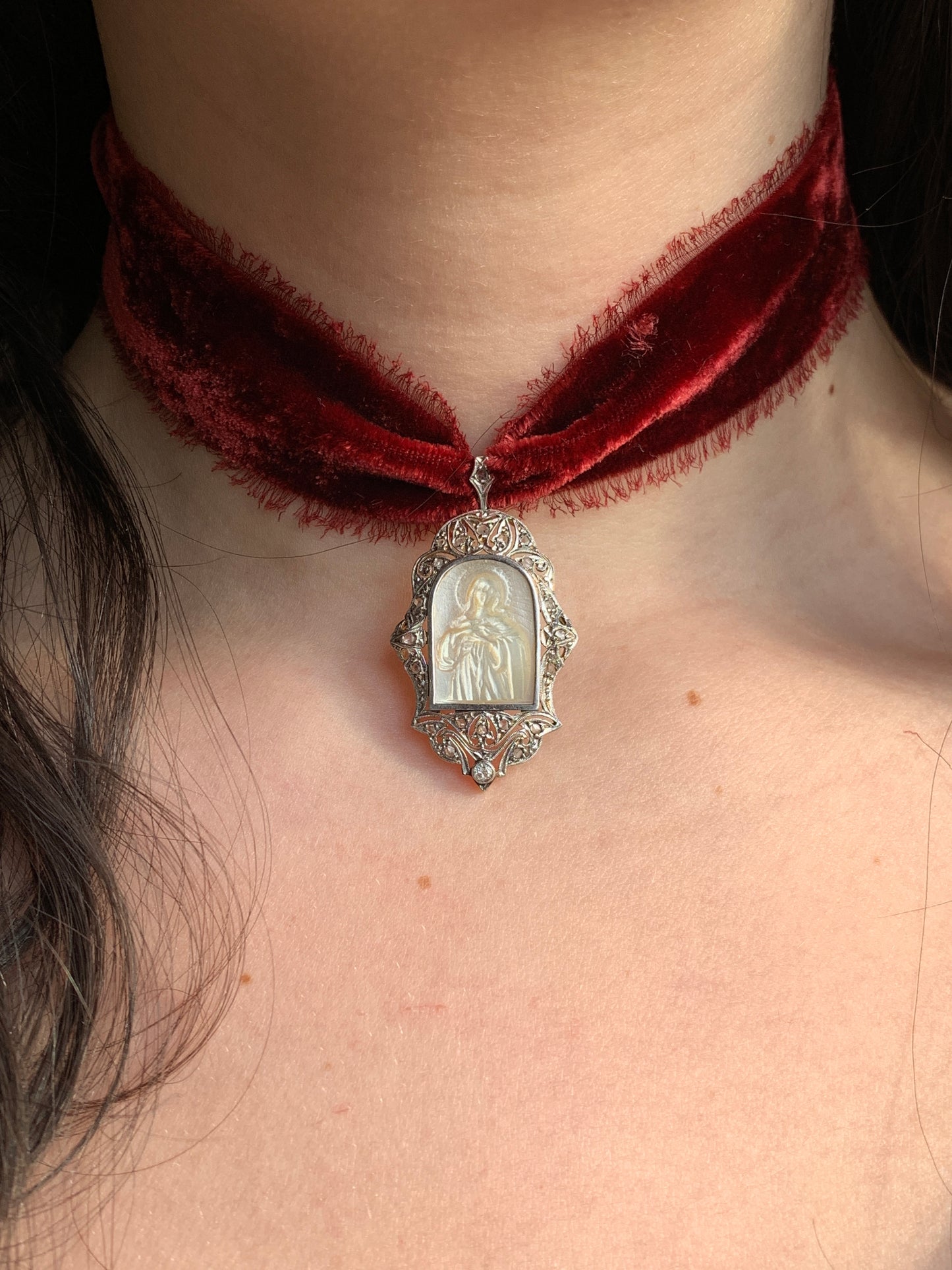 SOLD Art Deco 18K, Platinum, Diamond & Mother Of Pearl Saint Mary Pendant