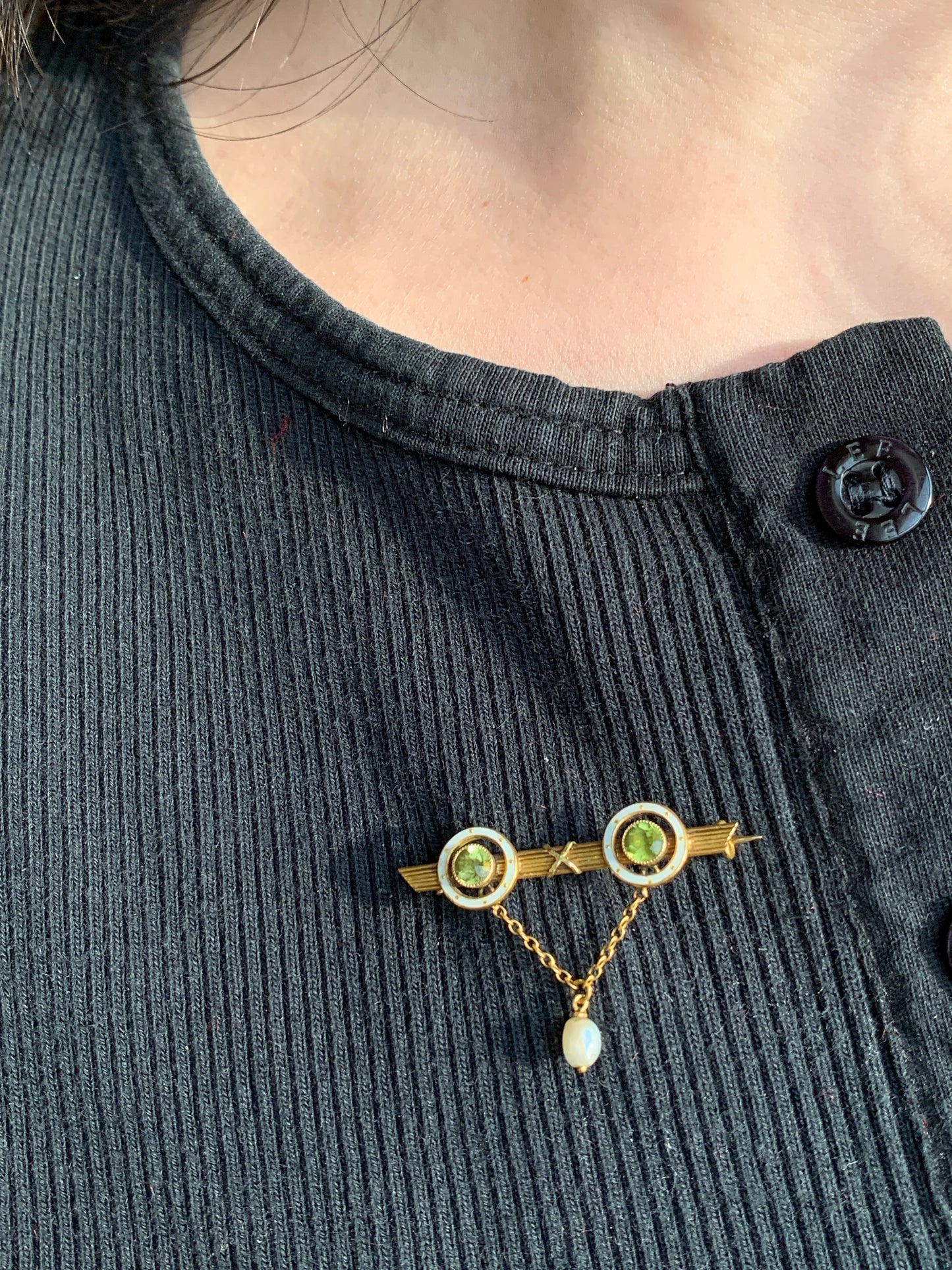 Antique 18K, Peridot, Pearl & Enamel Brooch