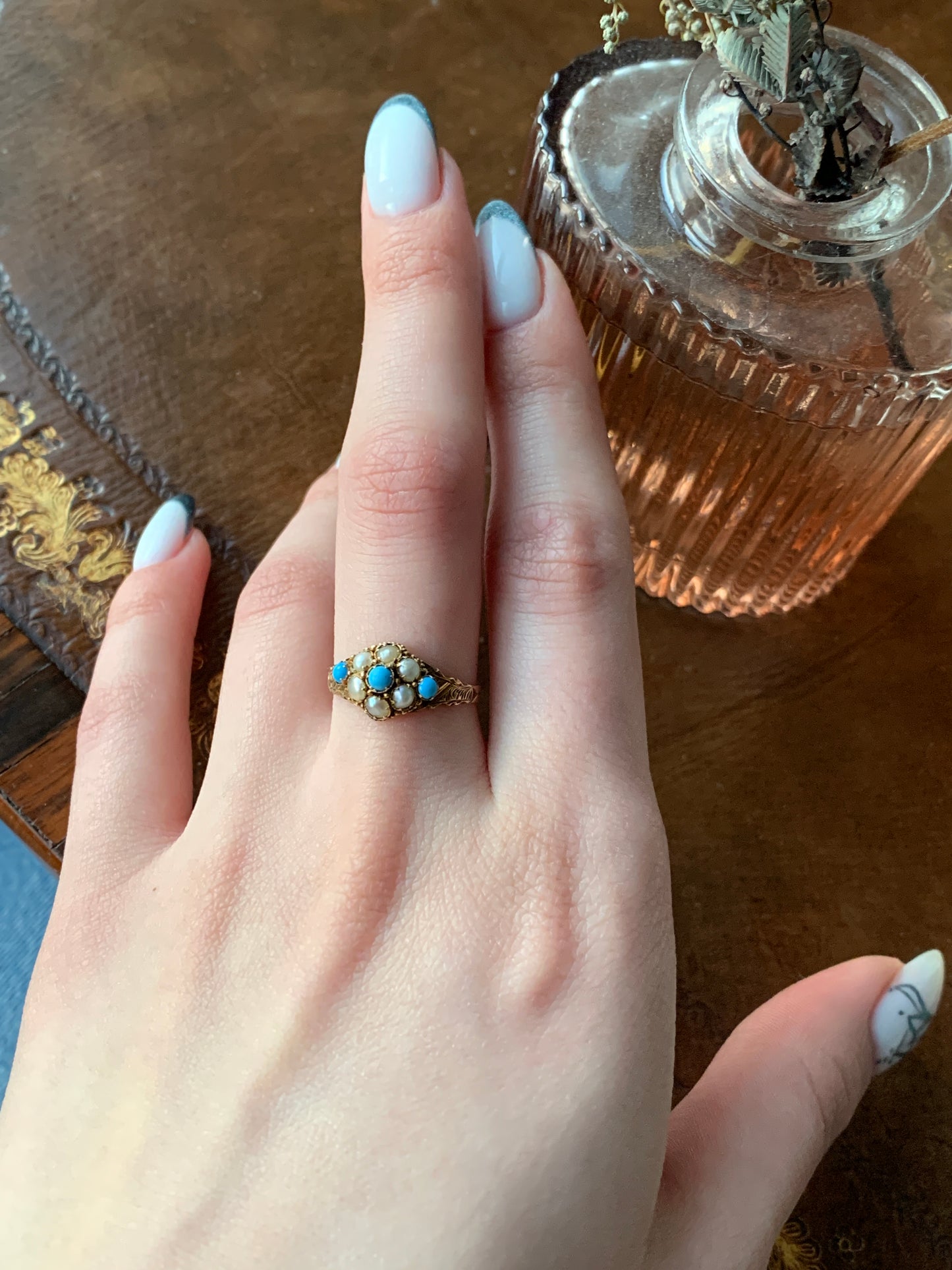 Antique 12K, Persian Turquoise & Seed Pearl Forget-Me-Not Ring