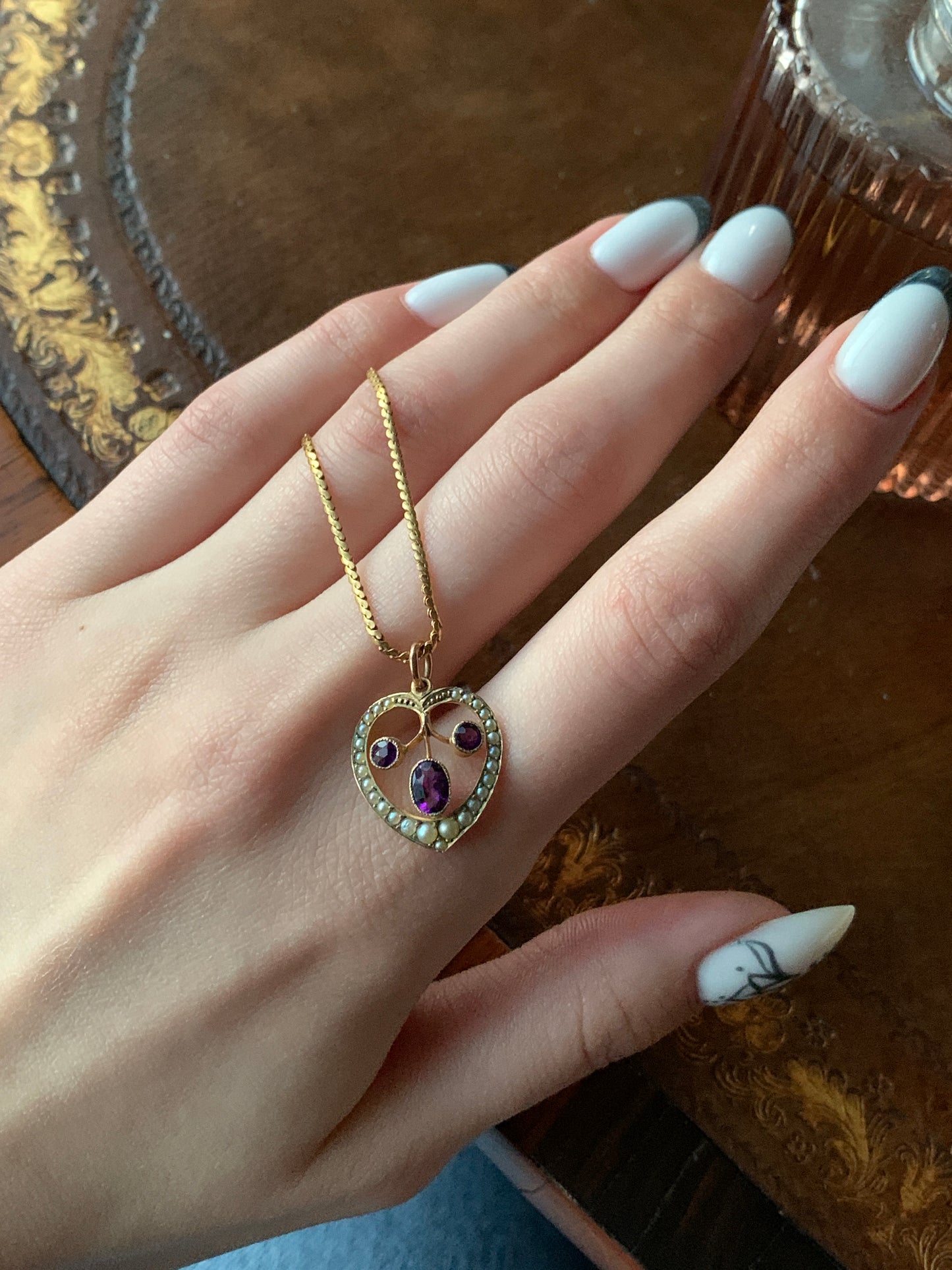 SOLD Antique 9K, Amethyst & Seed Pearl Heart Pendant