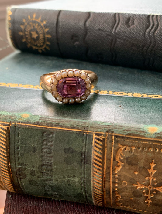 SOLD Antique 12K, Amethyst & Seed Pearl Ring