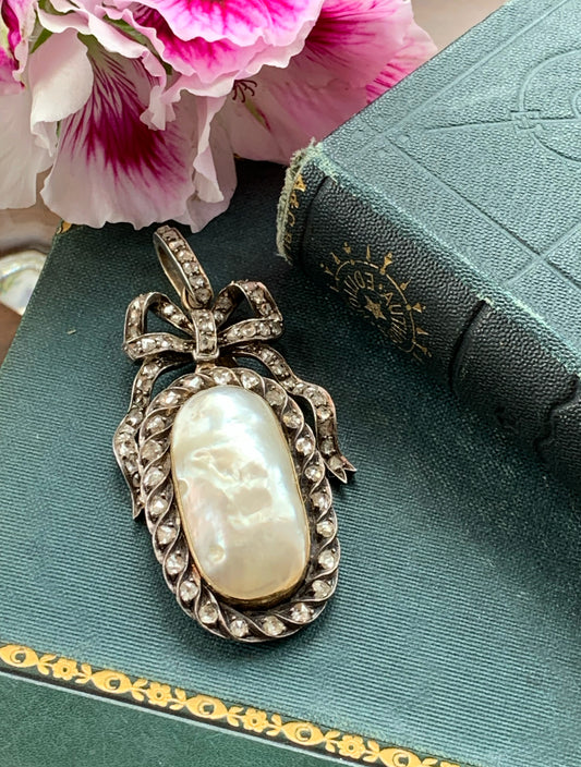 SOLD Antique 18K, Silver, Diamond & Mother Of Pearl Pendant