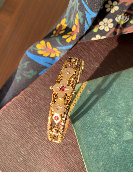 SOLD Antique 9K, Diamond & Ruby Bangle Bracelet