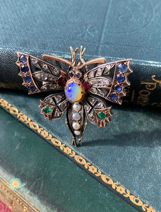 SOLD Antique 15K, Silver, Diamond & Multi-Gem Butterfly Brooch