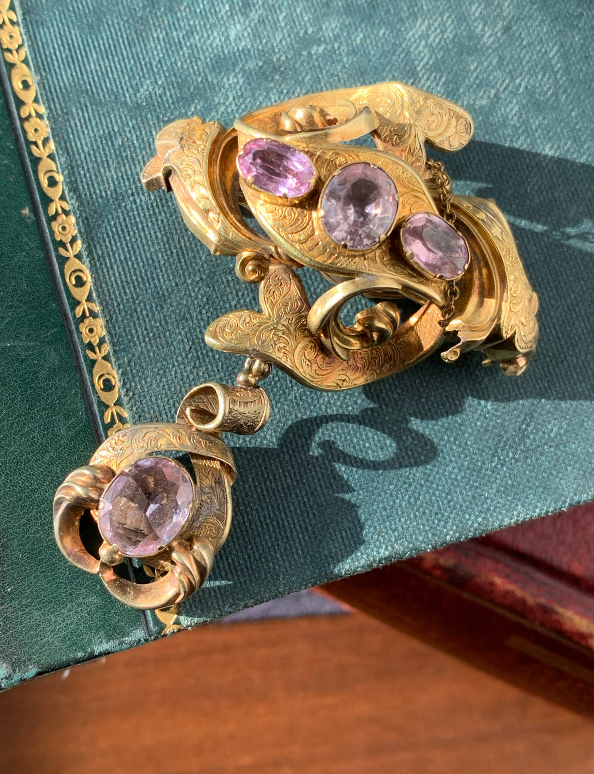 Antique Archeological Revival 15K & Pink Topaz Brooch