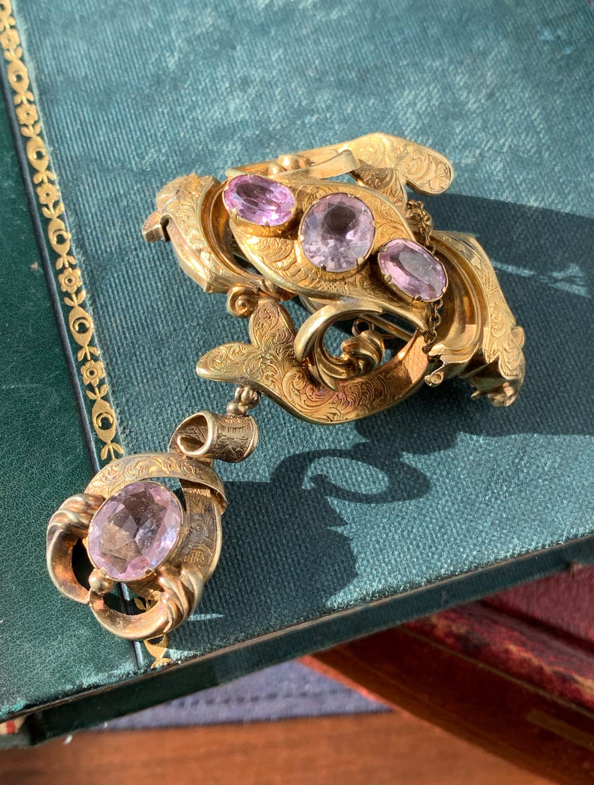 Antique Archeological Revival 15K & Pink Topaz Brooch
