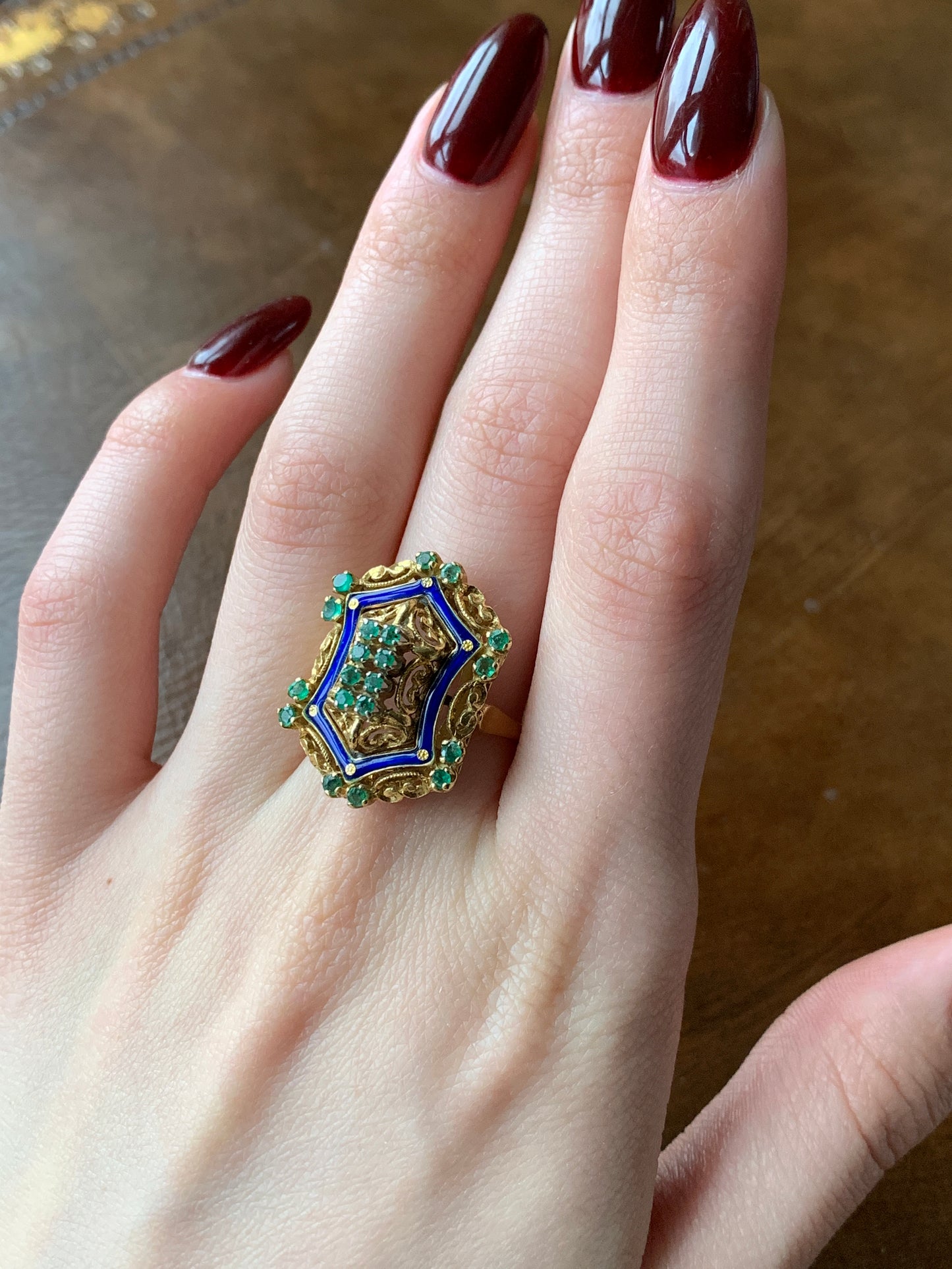 Vintage Italian 18K, Emerald & Enamel Toliro Ring