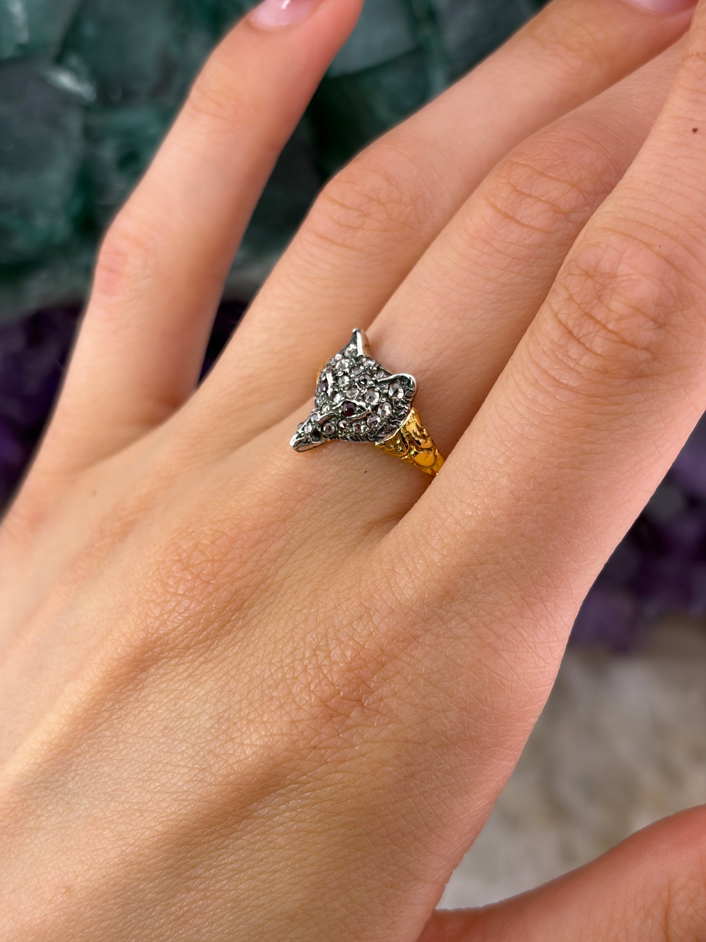 Antique 12K, Diamond & Ruby Fox Ring