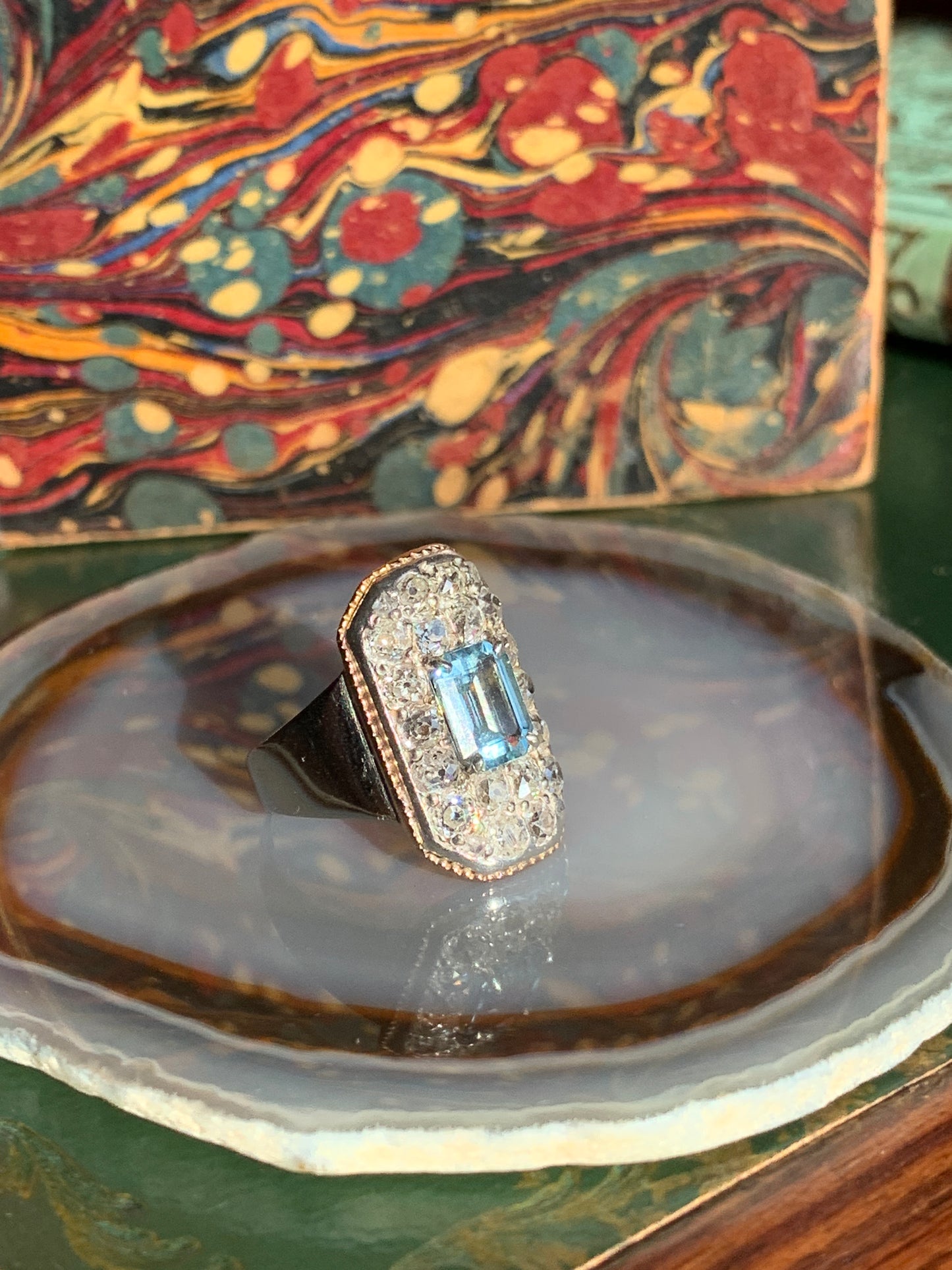 Vintage Art Deco Rococo Revival 18K, Diamond & Aquamarine Plaque Ring