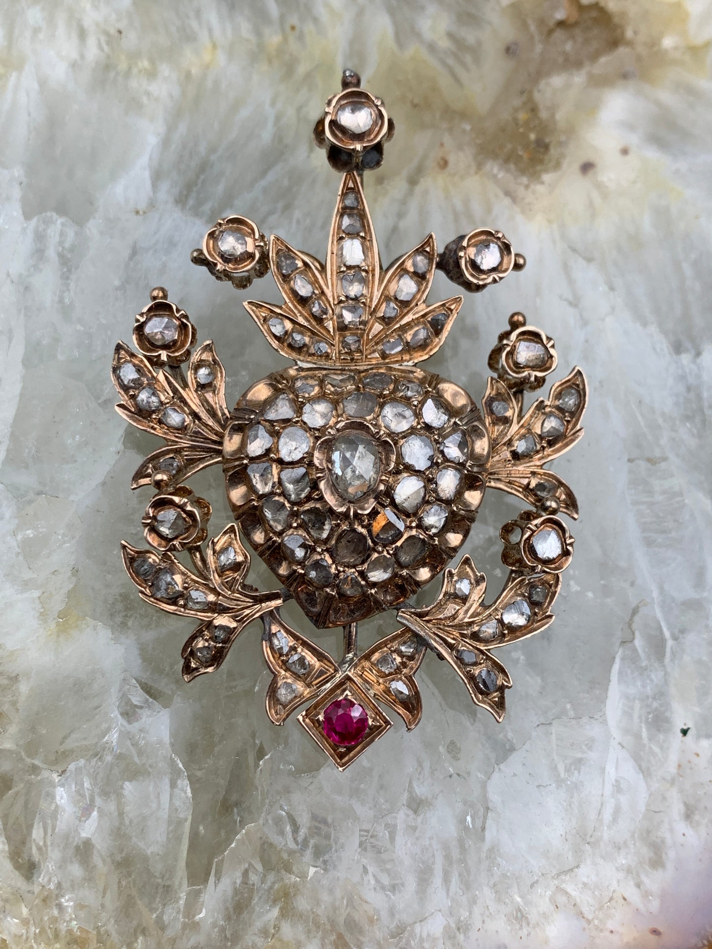 Antique 9K, Diamond & Ruby Brooch