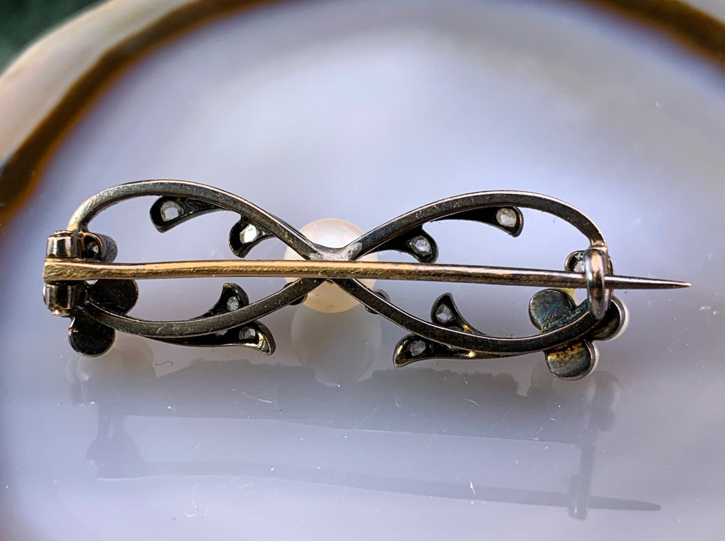 Antique Belle Epoque 9K, Silver, Diamond & Pearl Brooch