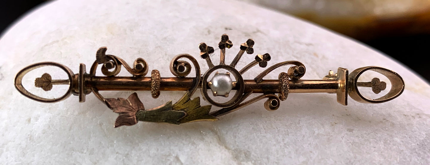 Antique American 14K & Seed Pearl Cornucopia Brooch