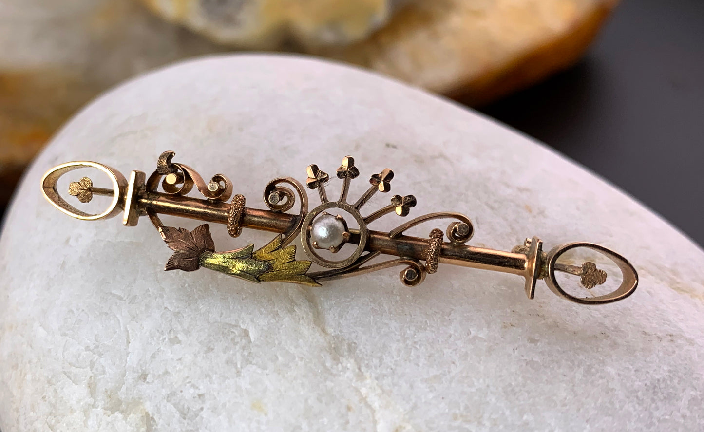 Antique American 14K & Seed Pearl Cornucopia Brooch