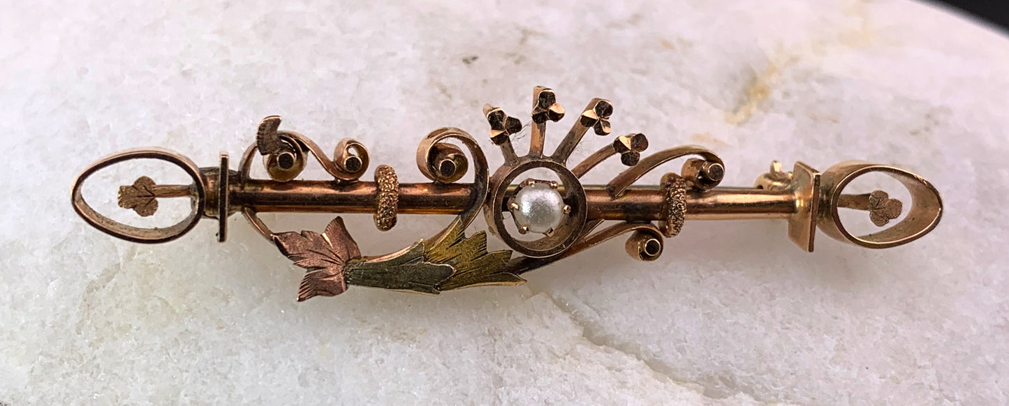 Antique American 14K & Seed Pearl Cornucopia Brooch