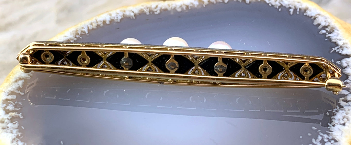 Antique Art Deco 14K, Diamond, Onyx & Pearl Brooch