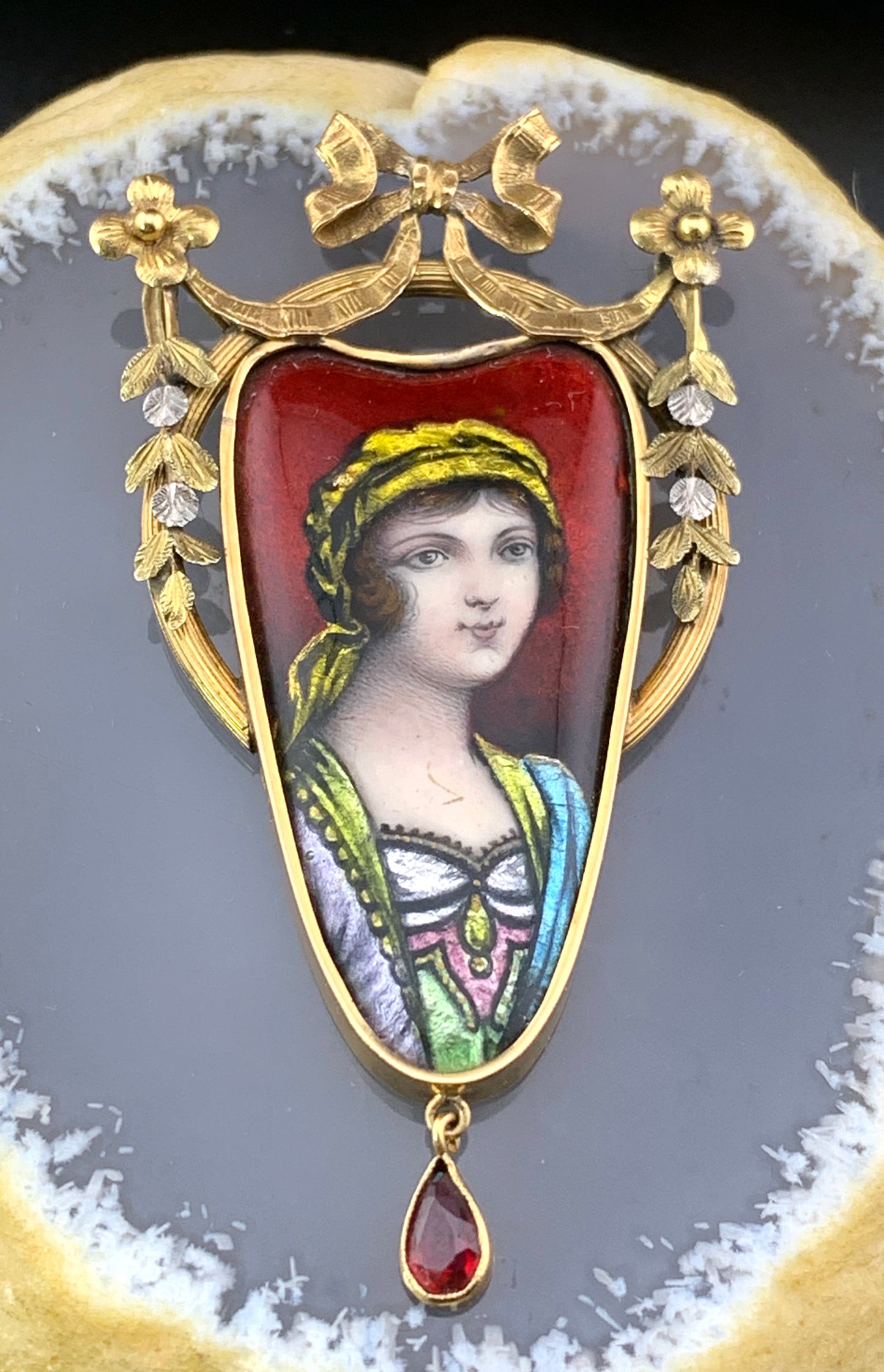Antique French 18K, Enamel & Garnet Limoges Pendant