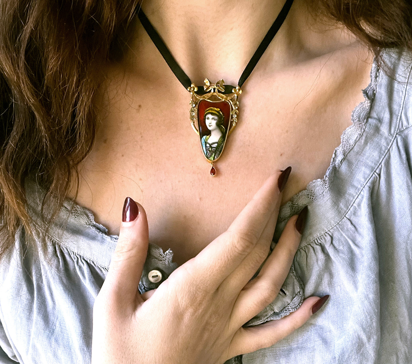 Antique French 18K, Enamel & Garnet Limoges Pendant