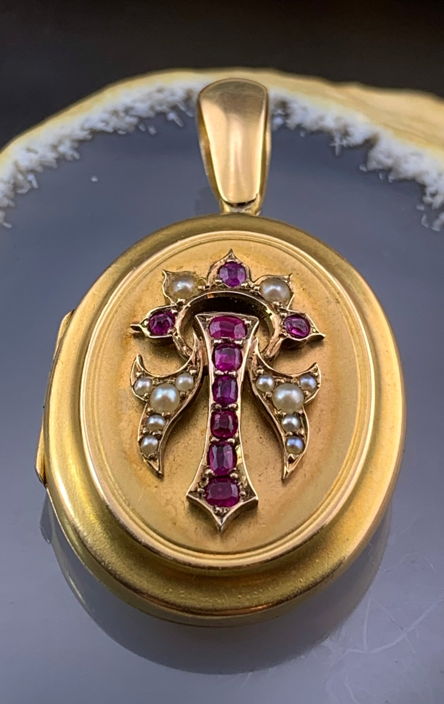 Antique 15K, Ruby & Pearl Locket Pendant