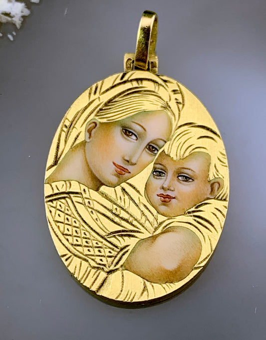 SOLD Estate 14K & Hand Painted Enamel Madonna & Child Pendant