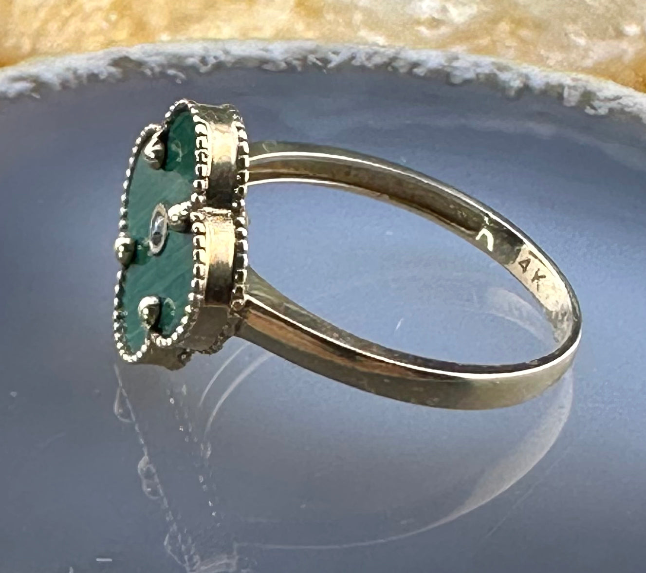 Vintage 14K, Diamond & Malachite Quatrefoil Ring