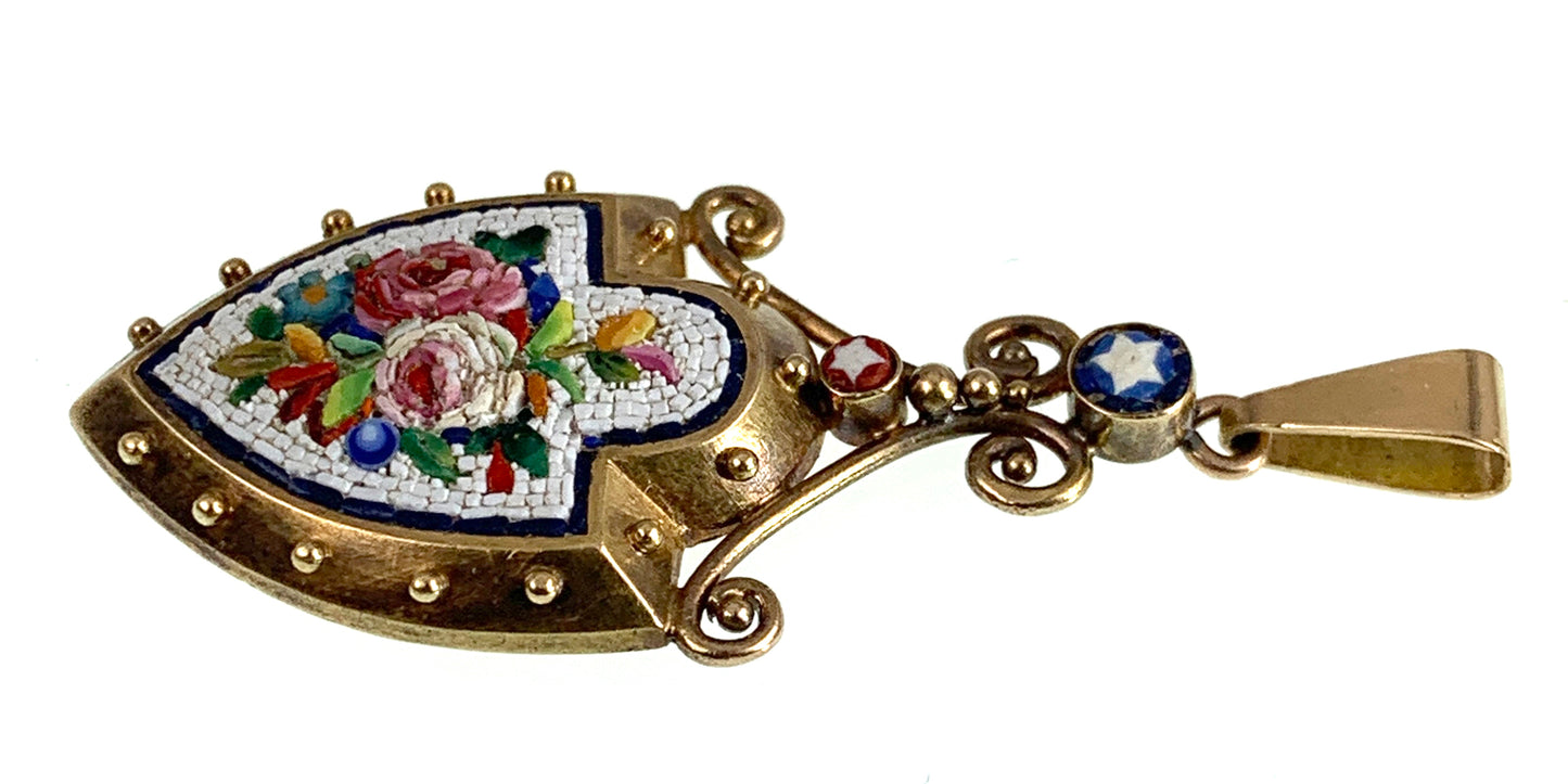 SOLD--Antique 18K Micro Mosaic Floral Shield Pendant