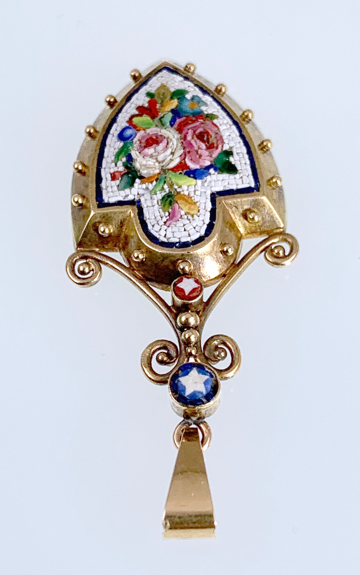 SOLD--Antique 18K Micro Mosaic Floral Shield Pendant