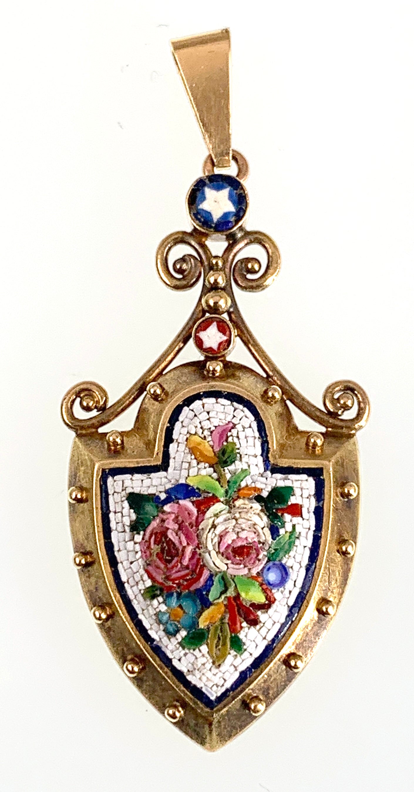SOLD--Antique 18K Micro Mosaic Floral Shield Pendant