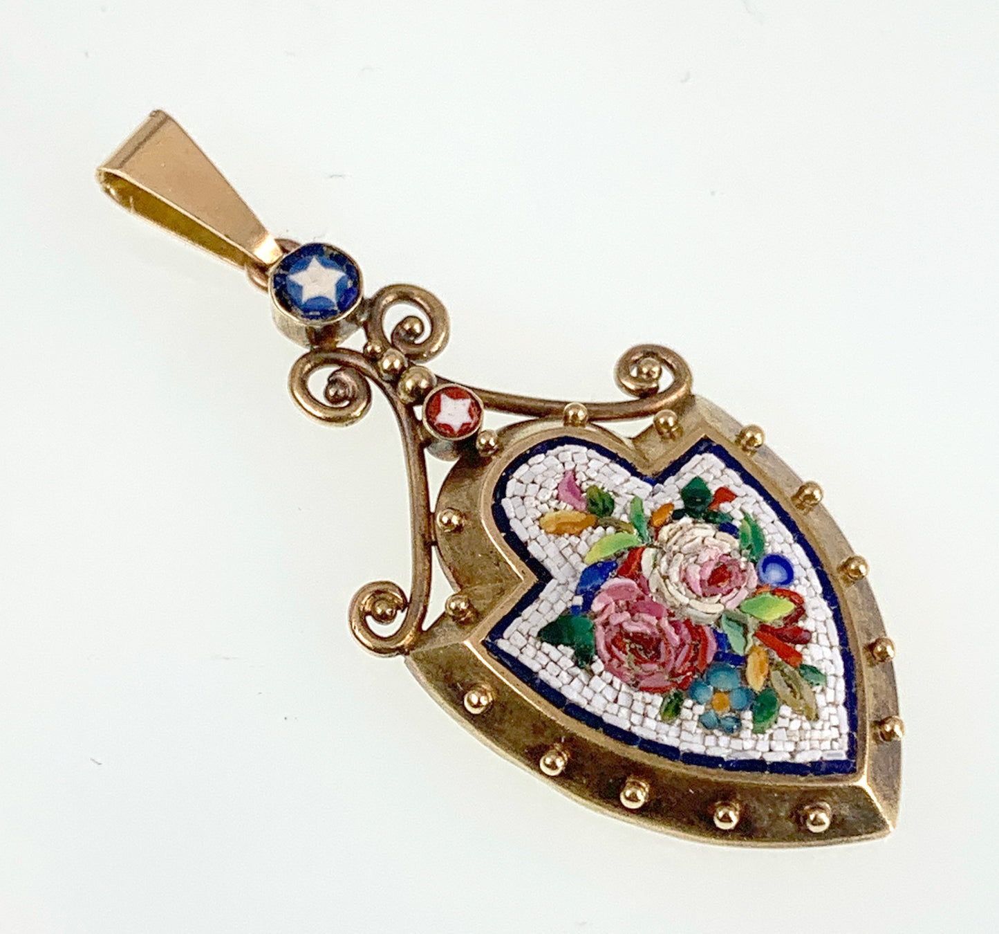 SOLD--Antique 18K Micro Mosaic Floral Shield Pendant