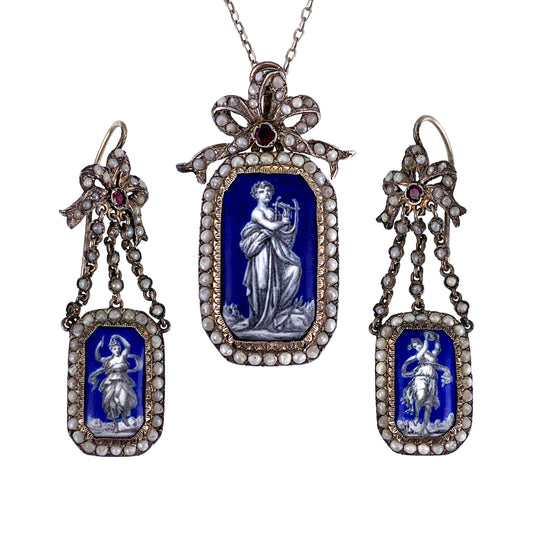 SOLD Antique Silver, Pearl, Ruby & Hand Painted Enamel Necklace & Earring Set
