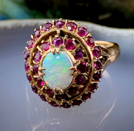 SOLD Vintage 18K, Ruby & Opal Cocktail Ring