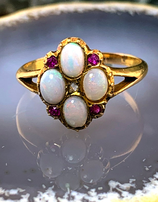 Antique 18K, Diamond, Ruby & Opal Flower Ring