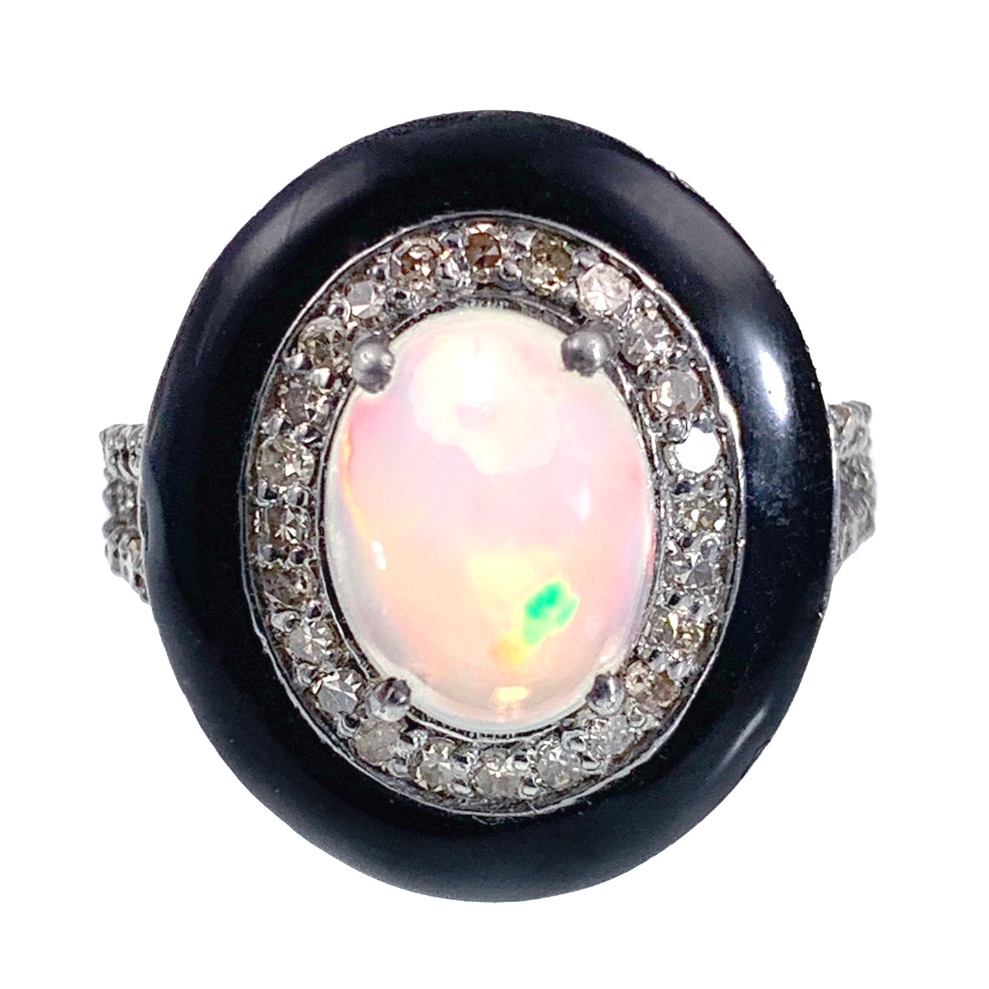SOLD Vintage Silver, Opal, Diamond & Enamel Ring