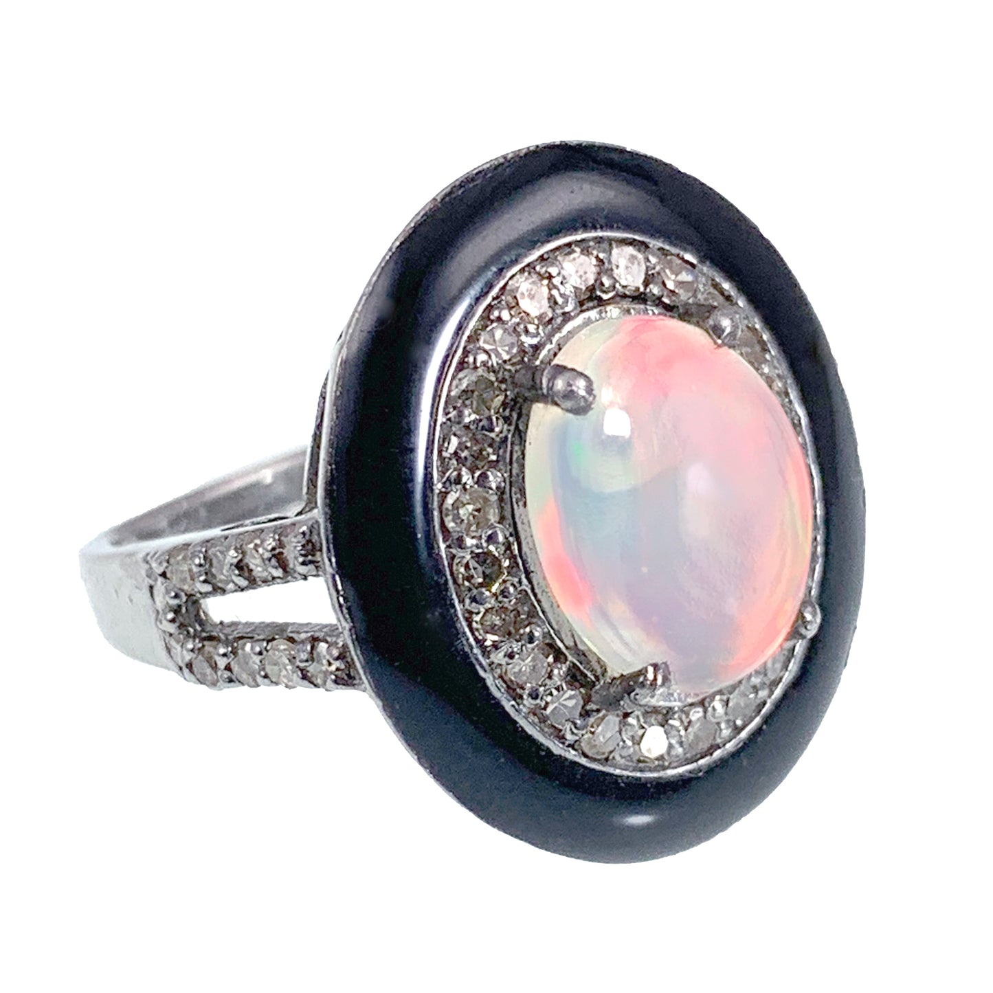 SOLD Vintage Silver, Opal, Diamond & Enamel Ring