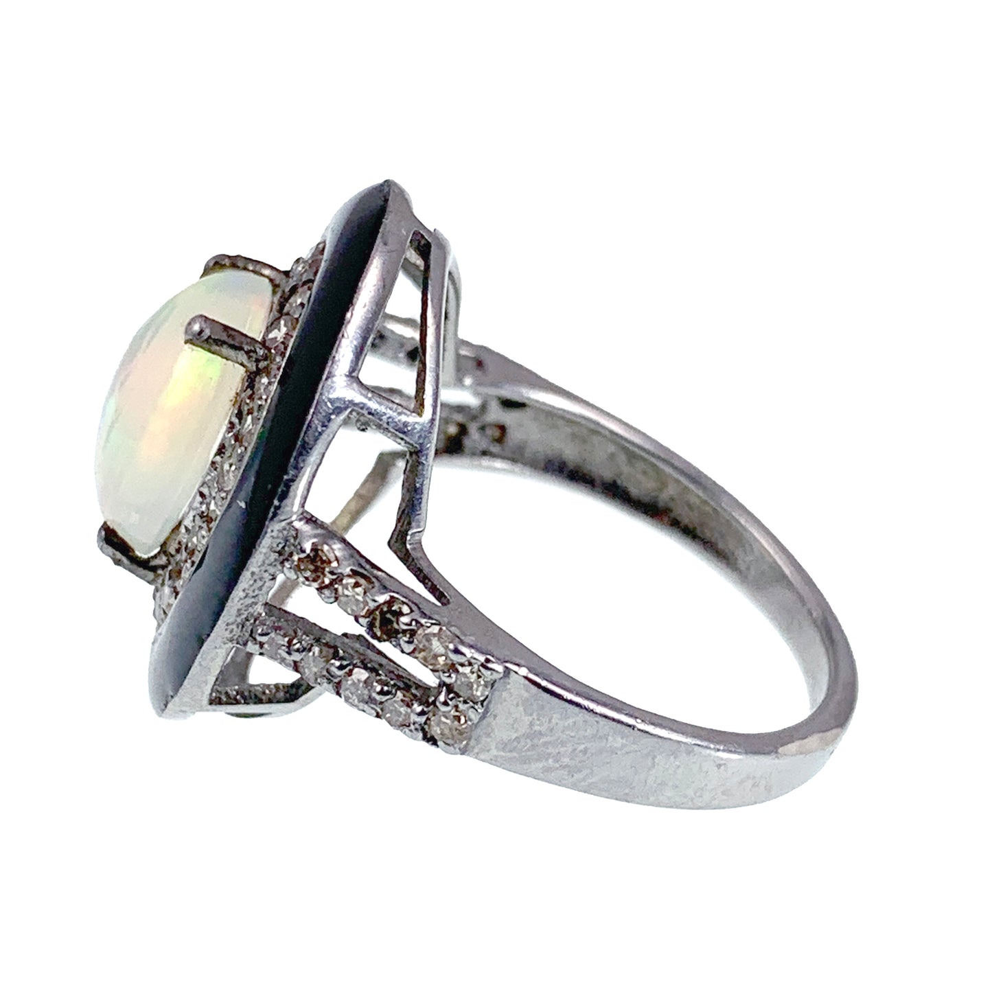 SOLD Vintage Silver, Opal, Diamond & Enamel Ring