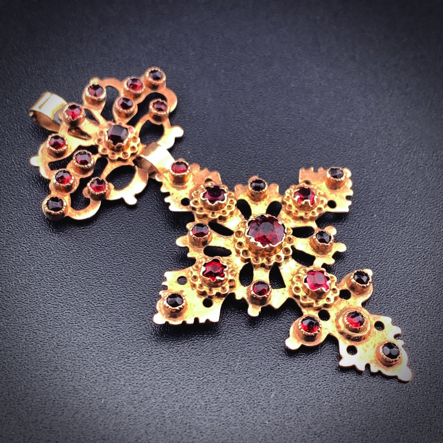Antique 10K & Red Paste Cross Pendant