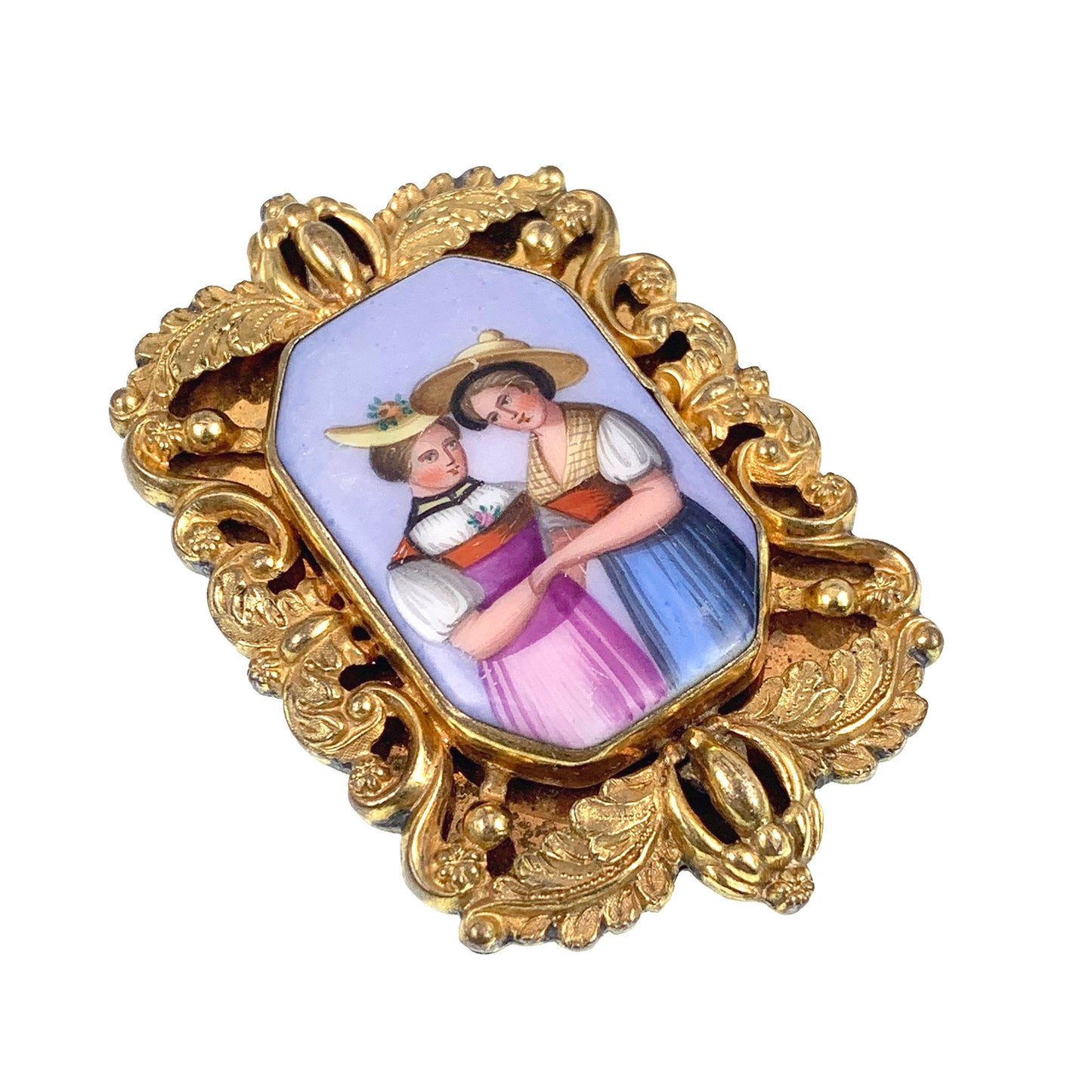 Antique 18K Hand Painted Porcelain Brooch
