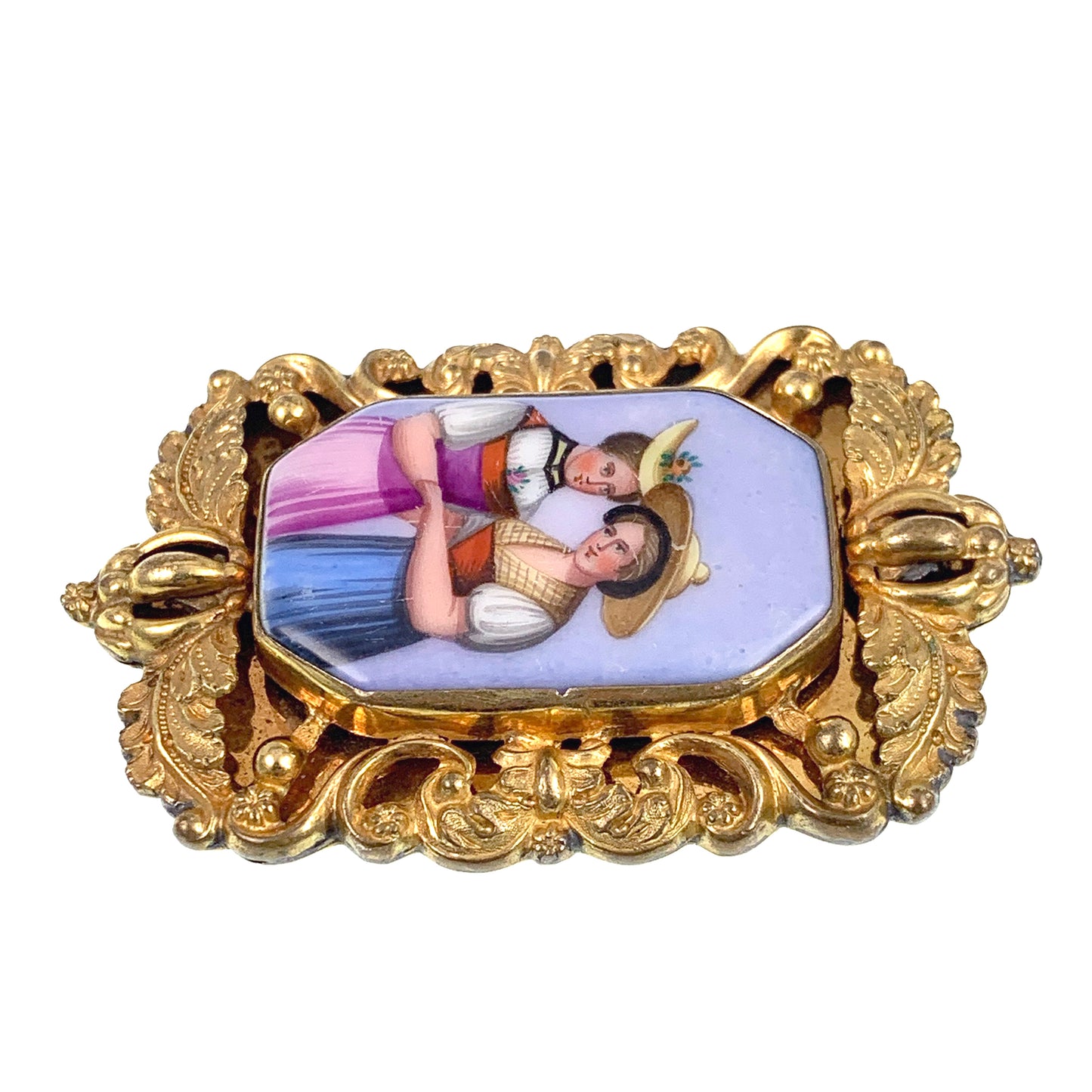 Antique 18K Hand Painted Porcelain Brooch