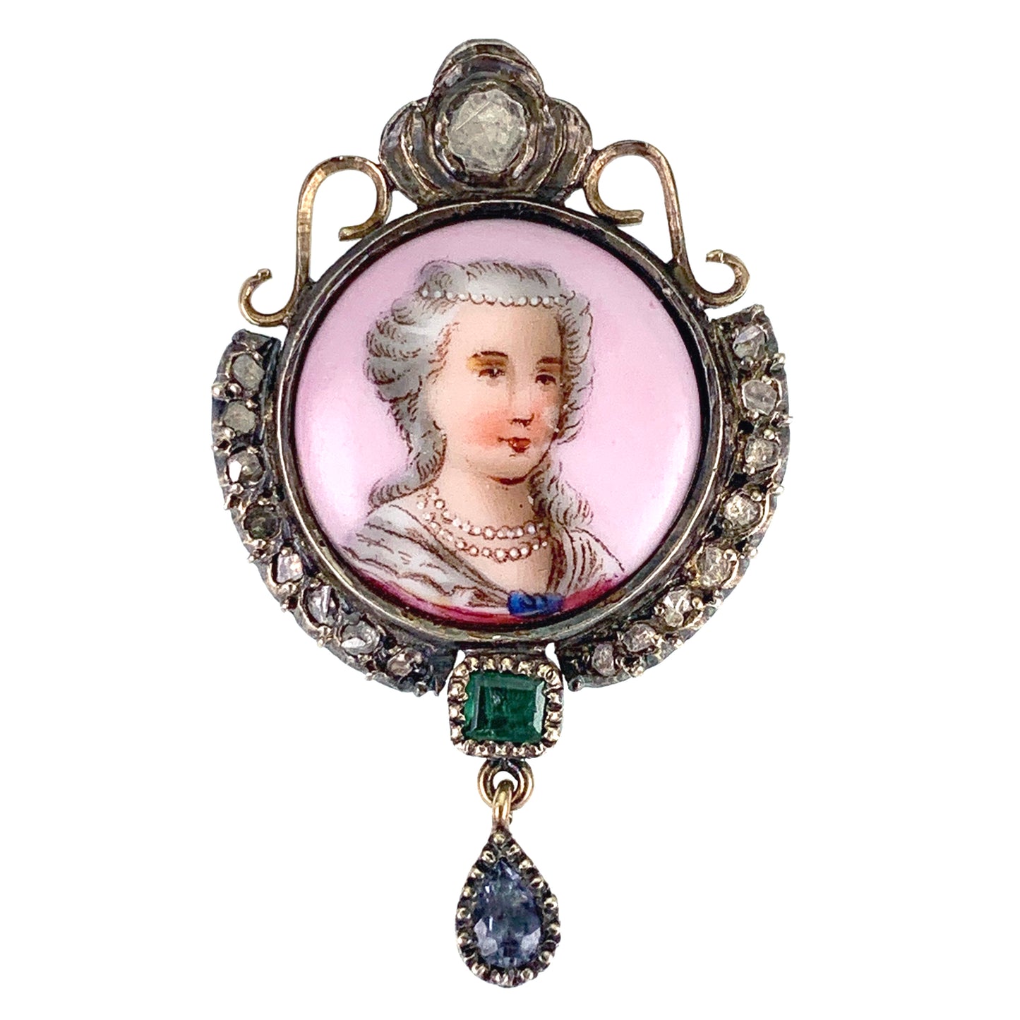 Antique 18K, Silver, Diamond, Emerald, Topaz & Hand Painted Enamel Portrait Brooch
