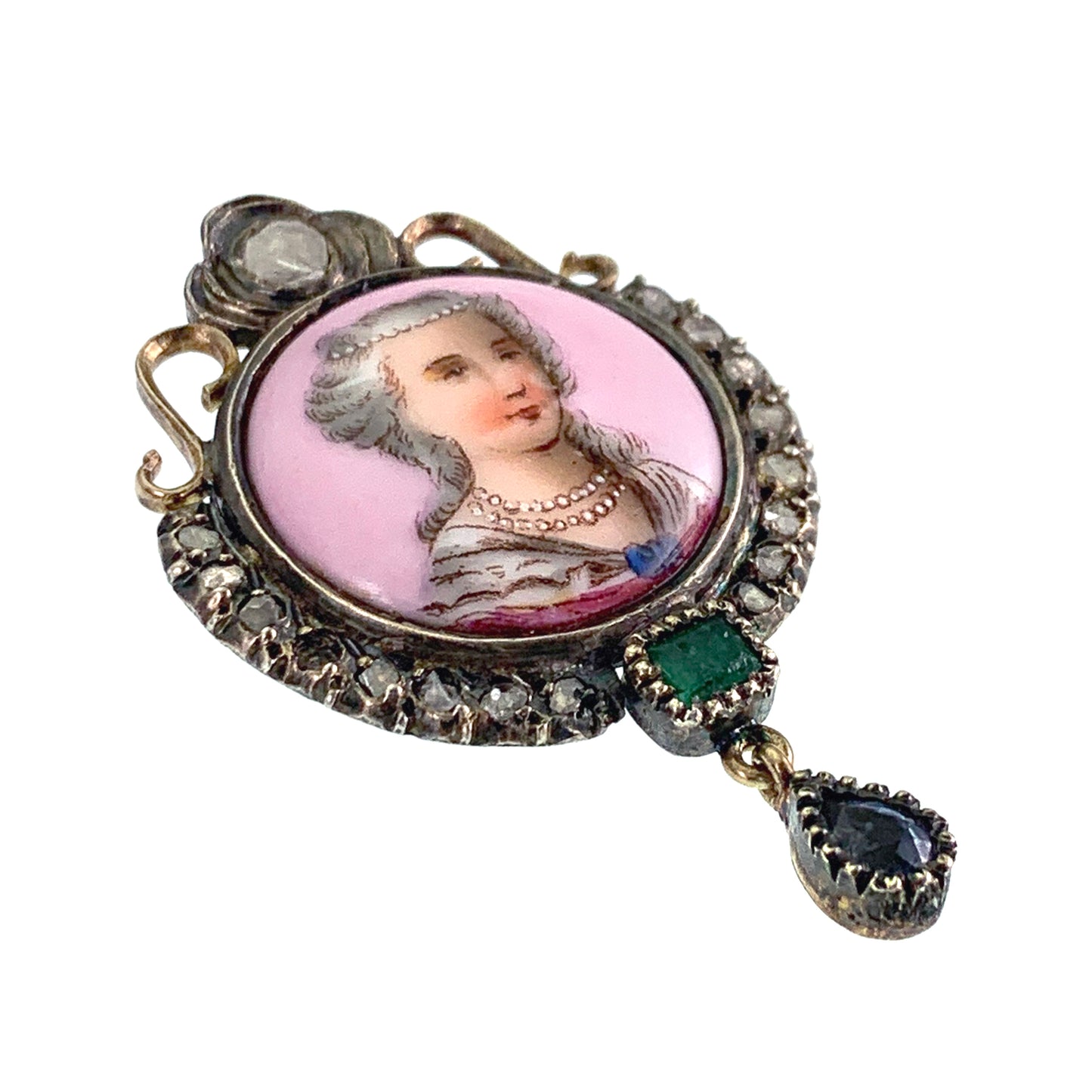 Antique 18K, Silver, Diamond, Emerald, Topaz & Hand Painted Enamel Portrait Brooch