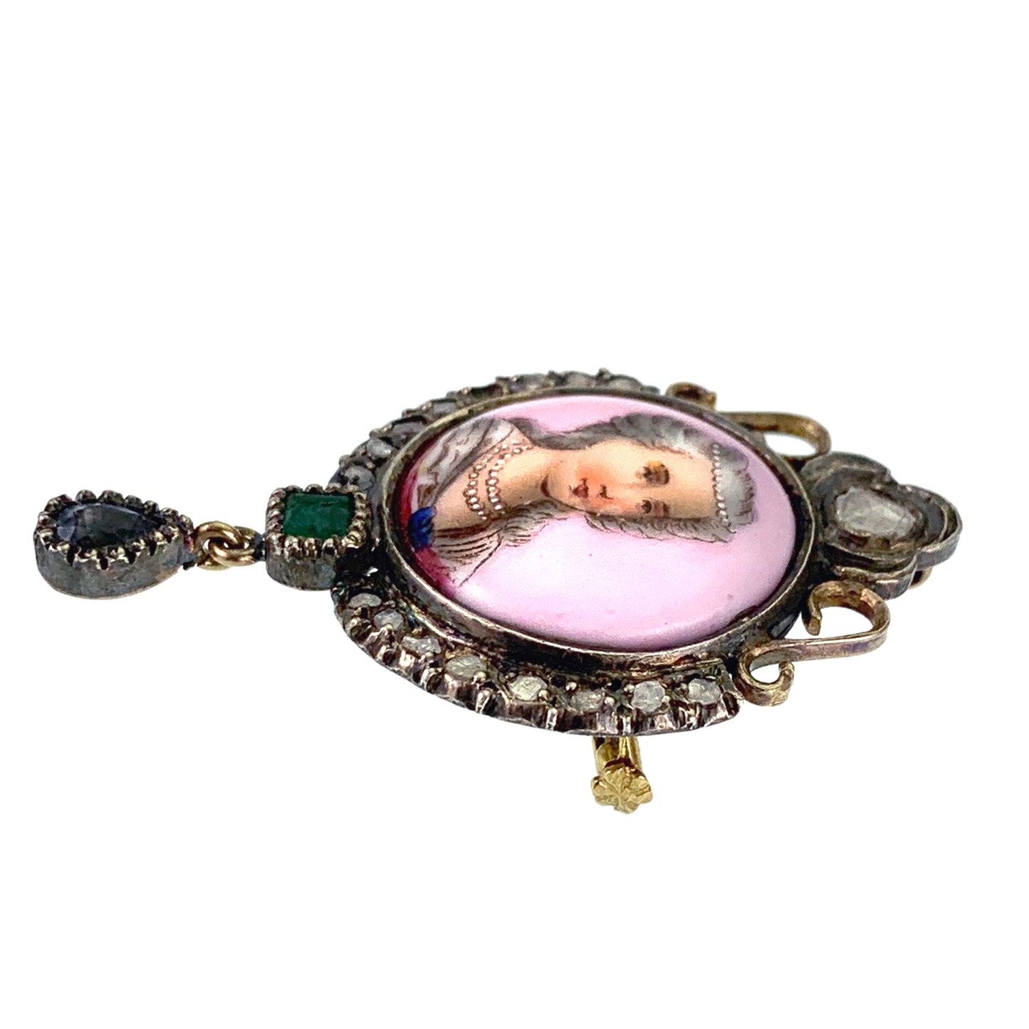 Antique 18K, Silver, Diamond, Emerald, Topaz & Hand Painted Enamel Portrait Brooch